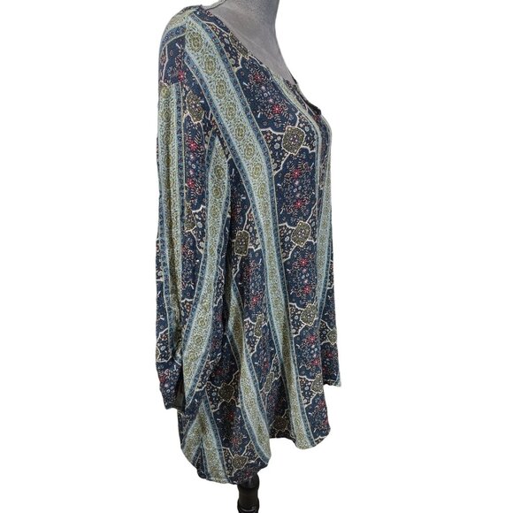 Avenue Womens Boho Tunic Green Floral Gauzey Ruched Tie Sleeves Plus Size 30/32 - Picture 2 of 7